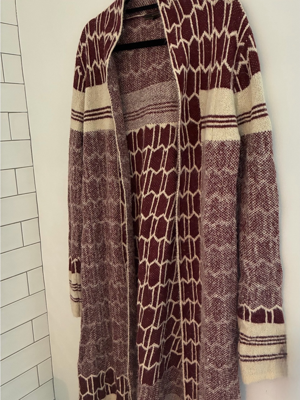 Long Open-Front Maroon and Cream Patterned Women's Sweater
